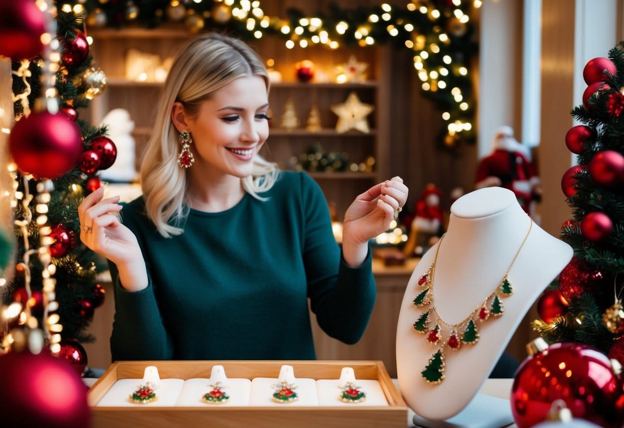 En kvinde i en hyggelig svensk smykkebutik vælger festlige øreringe med juletema fra en udstilling omgivet af blinkende lys og røde og gyldne dekorationer